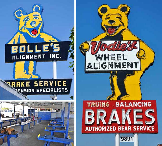 Left: Sign and racks at Bolles in Lynwood, Calif. Right: Vodie’s in Garden Grove, Calif.