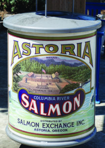 Astoria, Oregon, garbage can decorated with fish cannery label